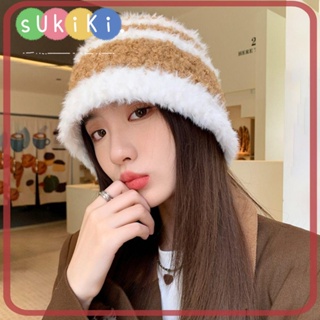 Sukiki หมวกบักเก็ต ผ้ากํามะหยี่ขนนิ่ม แบบหนา ให้ความอบอุ่น แฟชั่นสําหรับผู้หญิง