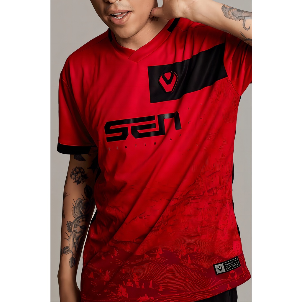 Sentinels Valorant Esports Jersey เครื่องเล่นเกมแฟนชื่อที่กําหนดเองเสื้อยืดผู้ชาย Esports สีแดงชุดเส