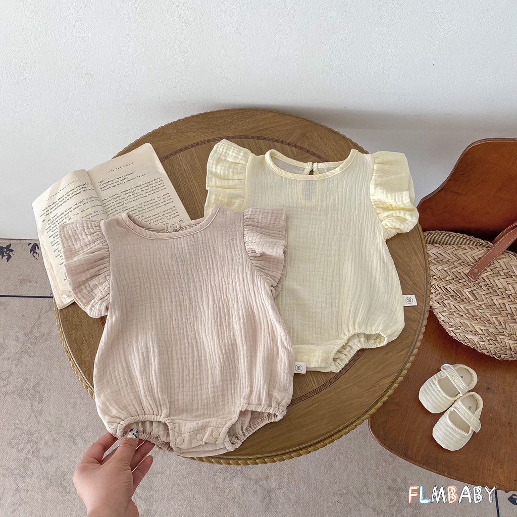 ชุดรอมเปอร์ บอดี้สูท แขนบิน สีพื้น สําหรับเด็กผู้หญิง อายุ 0-24 เดือน