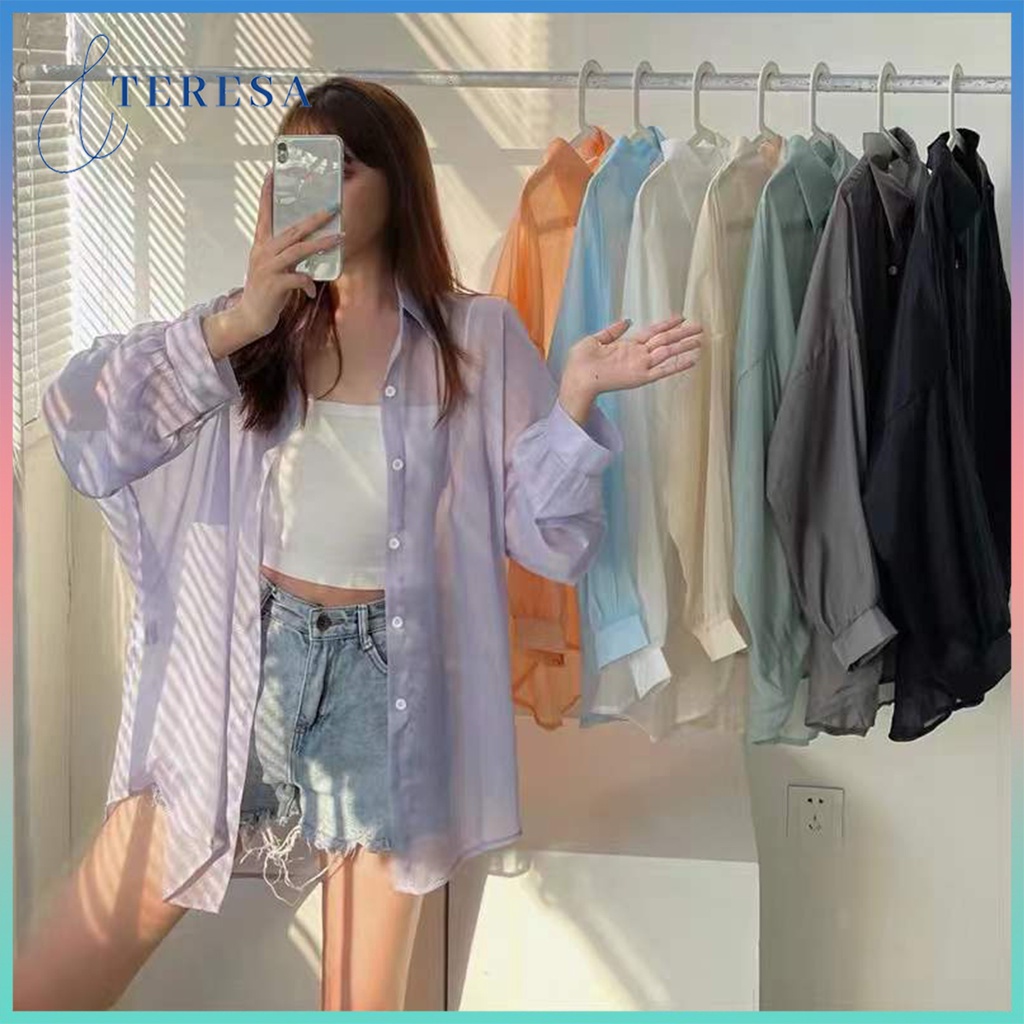 เสื้อแฟชั่นเกาหลีสีทึบเรียบง่ายลำลอง oversize ทรงหลวม