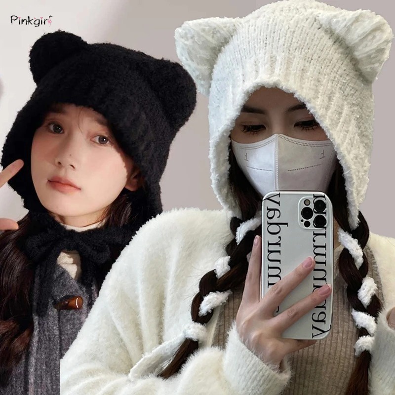 หมวกบีนนี่ ผ้ากํามะหยี่ขนนิ่ม แบบหนา แต่งลูกไม้ ให้ความอบอุ่น ป้องกันหู เหมาะกับใส่กลางแจ้ง และฤดูหนาว สําหรับผู้หญิง