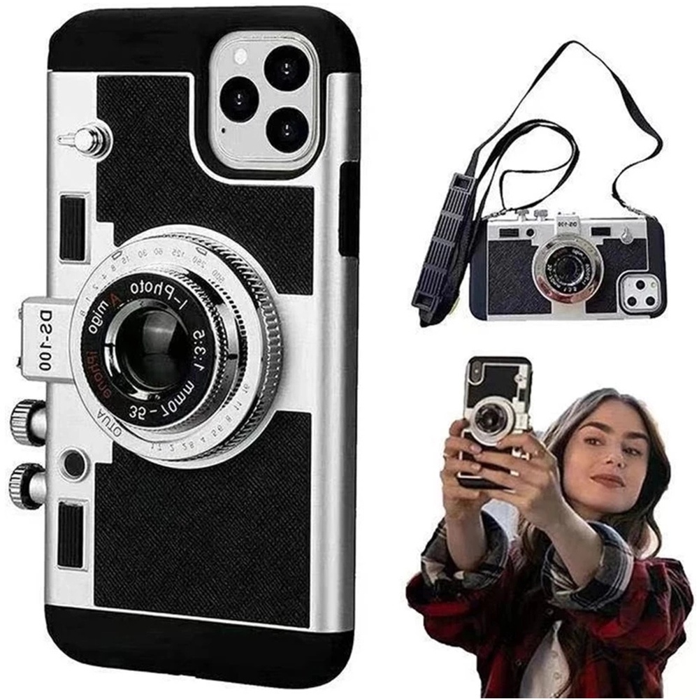 สําหรับiphone 16 15 14 13 12 Pro Max 6 6s 7 8 Plus SE2 Retro 3Dกล้องซิลิโคนอ่อนนุ่มกันกระแทกEmilyในปารีสพร้อมเชือกเส้นเล็ก