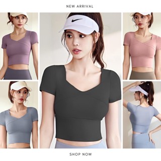 Sport Bra เสื้อโยคะแขนสั้น สำหรับออกกำลังกาย มีฟองน้ำในตัว ด…