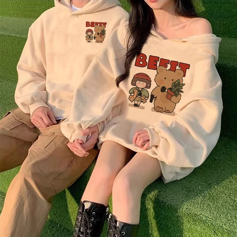 เสื้อกันหนาว มีฮู้ด ทรงหลวม พิมพ์ลายการ์ตูนน่ารัก สไตล์เกาหลี แฟชั่นคู่รัก สําหรับคู่รัก