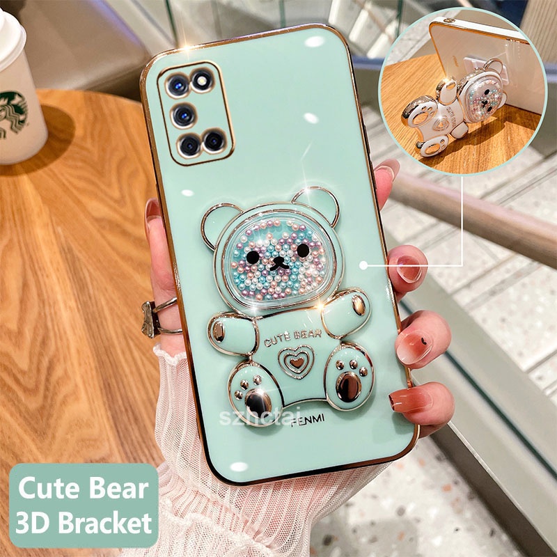 เคสโทรศัพท์ oppo a52 a92 เคสโทรศัพท์มือถือชุบนิ่ม ทรงสี่เหลี่ยม ลายหมีน่ารัก 3D พร้อมที่ตั้งวาง สําหรับ oppo a52 a92
