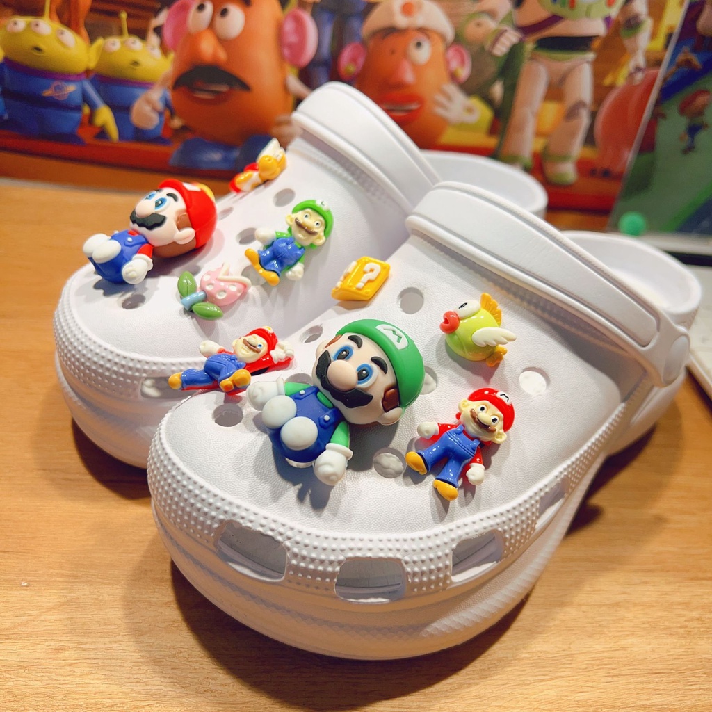 น่ารัก Macaron หมีออกแบบ jibits ชุดสําหรับผู้หญิง Super Mario Jibbits Charm Pins DIY รองเท้า Charms เกมบิสกิต Jibitz designks รองเท้าอุปกรณ์เสริมตกแต่ง