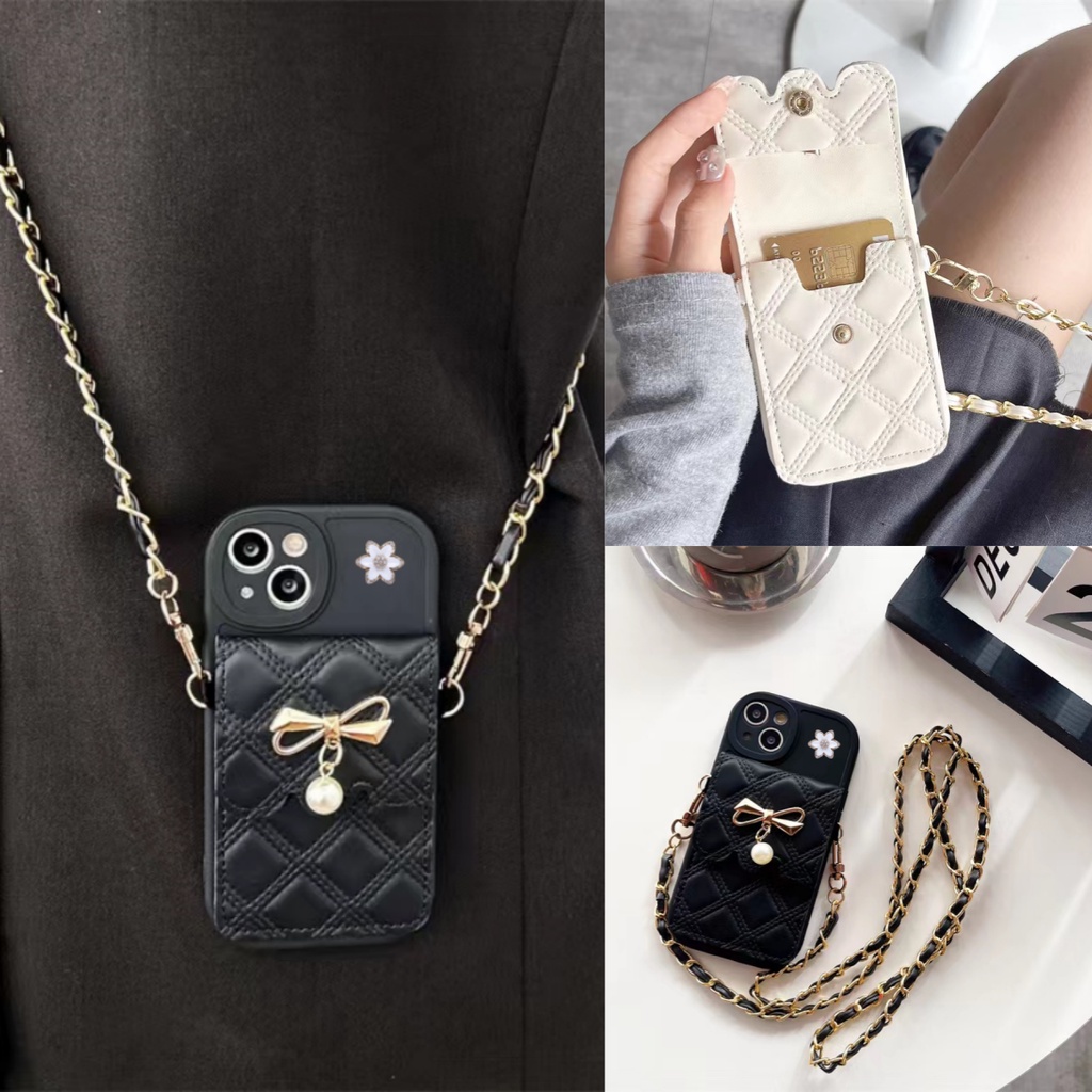 iPhone 6 7 8 11 12 13 14 15 16 Plus Pro Max X XS XR XSMax Phone Case Pearl pendant white metal camellia cross body card bag TPU Soft cover