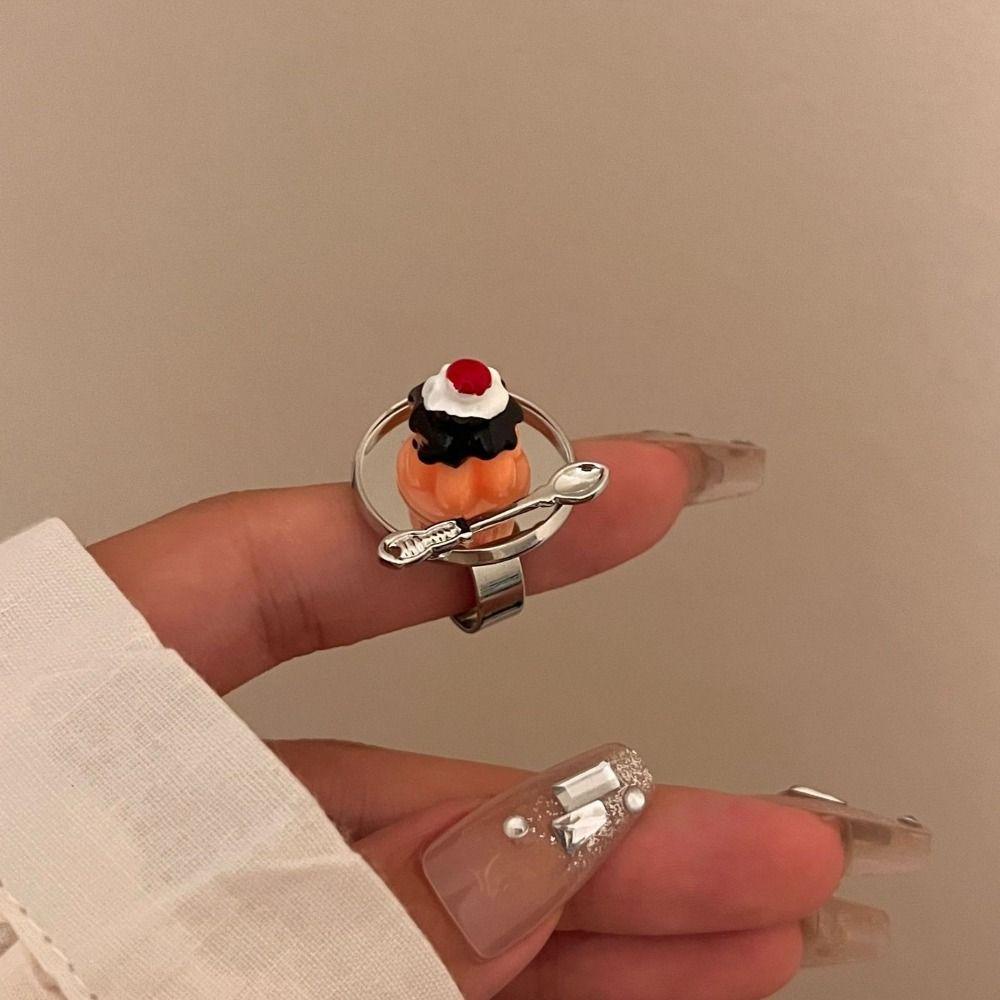 Oceanmap แหวนสตรอเบอร์รี่ เค้ก ส้อม ช้อนมูส เค้ก แหวน อินเทรนด์ Y2K เครื่องประดับเปิด ปรับได้ แหวนขนมหวาน เด็กผู้หญิง - รูปที่ 5