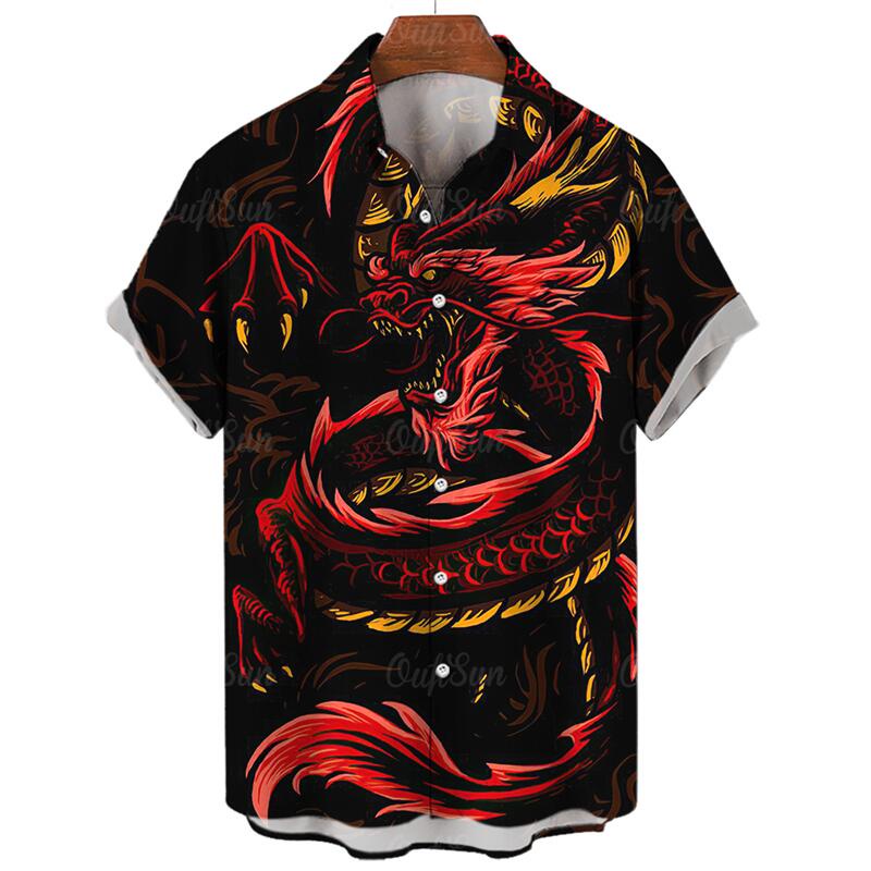 เสื้อเชิ้ตแขนสั้นลําลอง พิมพ์ลายการ์ตูนมังกร แฟชั่นฤดูร้อน สไตล์ฮาราจูกุ แฟชั่นฮาราจูกุ สําหรับผู้ชาย