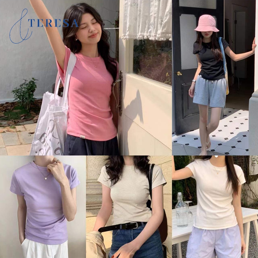 พร้อมส่ง เสื้อยืดเเขนสั้น เสื้อยืดลำลองสั้นสีพื้น สไตล์เกาหลีเรียบง่าย เสื้อยืดผ้าฝ้ายแท้