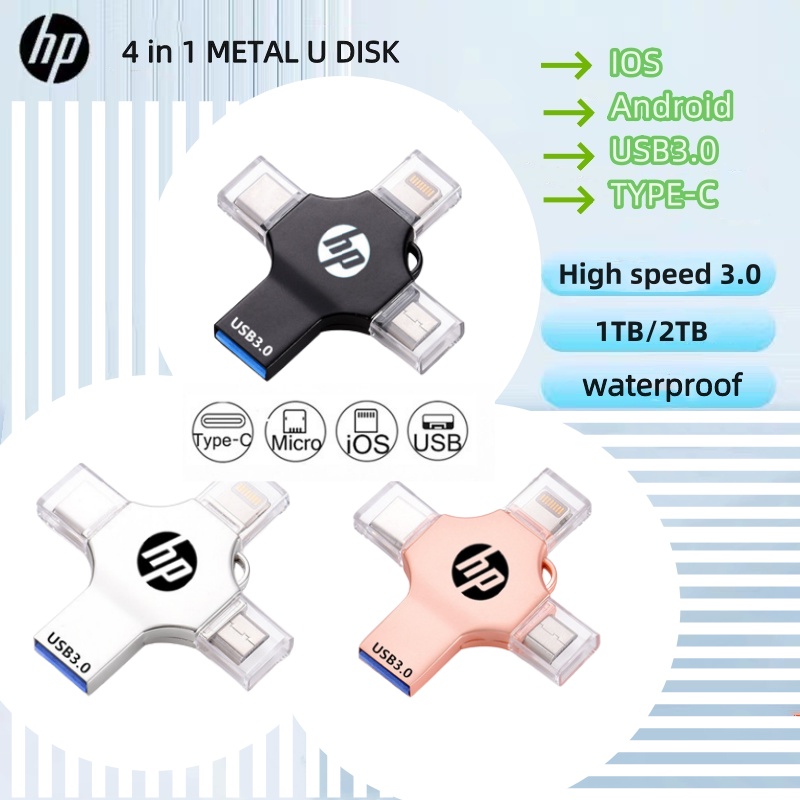 Hp แฟลชไดรฟ์ 2TB 4 IN 1 OTG ความเร็วสูง USB3.0 ดิสก์ U ที่เก็บข้อมูลโทรศัพท์ เมมโมรี่สติ๊ก กันน้ํา สําหรับโทรศัพท์ แท็บเล็ต Android PC