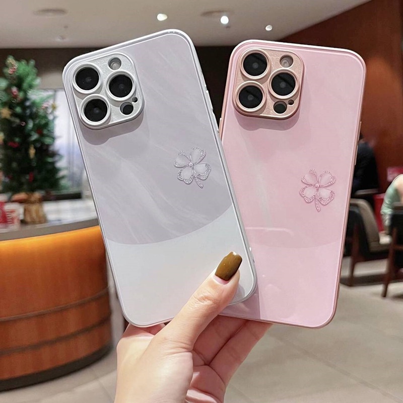 เคสโทรศัพท์มือถือแบบแก้ว ลายใบโคลเวอร์สี่แฉก สีชมพู ขาว สําหรับ IPhone 15promax 14promax 13mini 12promax 11 6 7 8plus Xsmax Xr 11promax