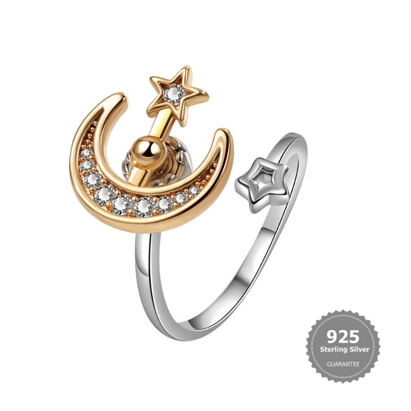 S925 Silver Fashion Star Moon Spinning Ring Anti-Anxiety Decompression Open Ring