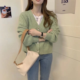สไตล์เกาหลี วินเทจ สีพื้น เสื้อคาร์ดิแกนแขนยาว ลําลอง สําหรับผู้หญิง