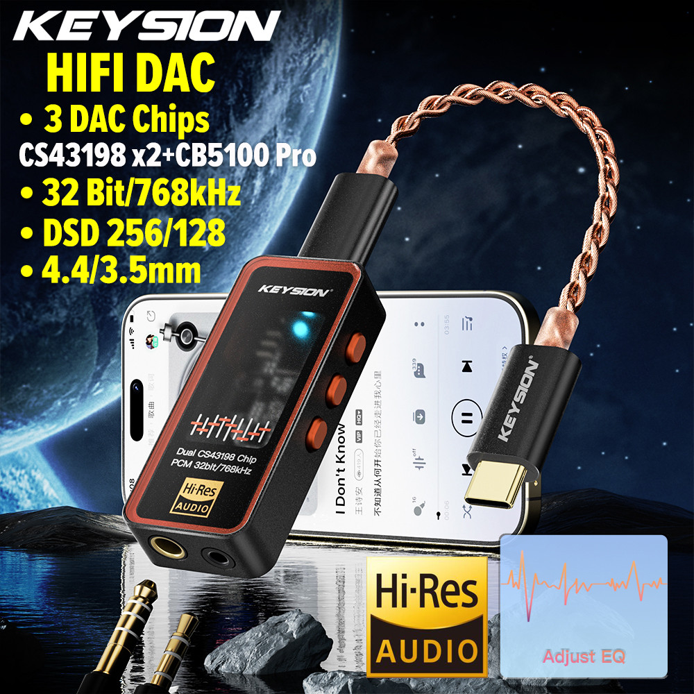 Keysion Dual CS43198 DAC เสียง HiFi ถอดรหัส 768KHz DSD256 Type-C ถึง 3.5/4.4 ปรับ EQ เครื่องขยายเสียงหูฟังสําหรับ Android iOS Win10