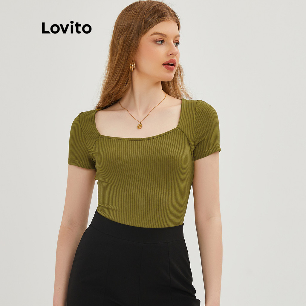 Lovito เสื้อยืด คอสี่เหลี่ยม ผ้าถัก สไตล์วินเทจ L20D243 (สีเขียว)