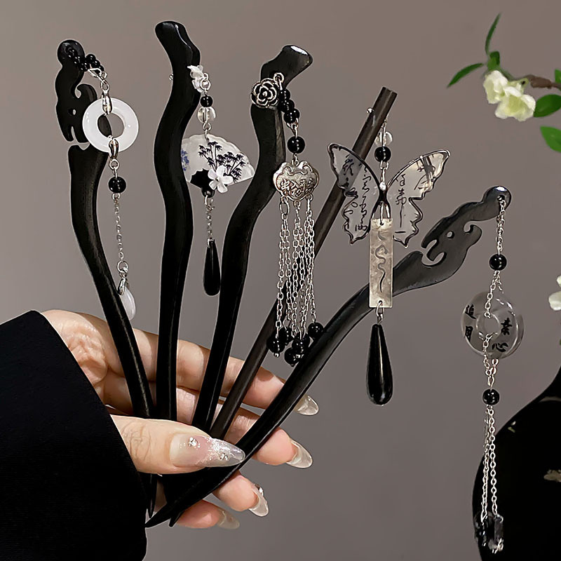 สไตล์โบราณพู่กิ๊บไม้สําหรับผู้หญิง Cheongsam กระโปรงหน้าม้าอุปกรณ์เสริม Hairstick