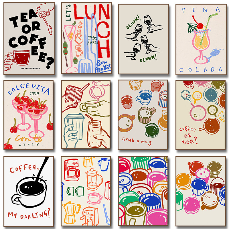 กาแฟถ้วยที่มีสีสันแก้วกาแฟไวน์แดงค๊อกเทลครัวโปสเตอร์พิมพ์ผ้าใบภาพจิตรกรรม