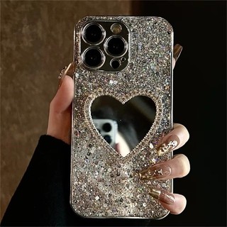 หรูหราเลื่อม 3D Love Heart กระจกแต่งหน้าสําหรับ iPhone17 ProMax17 Air 1615 14 13 12 11 Pro Max Bling เลนส์ชุบป้องกันปกอ่อน