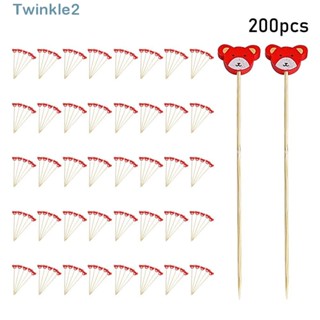 Twinkle ไม้เสียบผลไม้ ไม้ไผ่ ลายหมีน้อย 4.7 นิ้ว แบบใช้แล้วทิ้ง คุณภาพดี สําหรับค็อกเทล ผลไม้ 200 ชิ้น