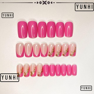 Yunhi เล็บปลอม แต่งกลิตเตอร์ ฟอยล์สีทอง ถอดออกได้ สีชมพู สไตล์ฝรั่งเศส สําหรับผู้หญิง 24 ชิ้น ต่อกล่อง