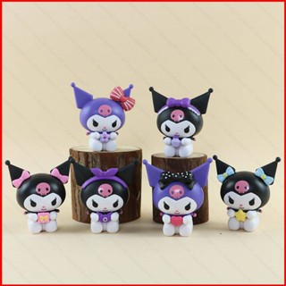 Ere1 โมเดลตุ๊กตาฟิกเกอร์ Sanrio Kuromi ประดับโบว์ สําหรับเด็กผู้หญิง 6 ชิ้น