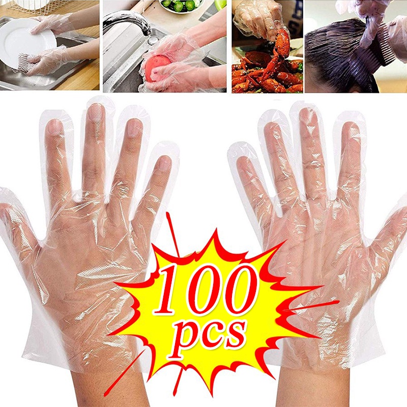 ถุงมือทิ้ง ถุงมือพลาสติก 100 ชิ้น ทิ้งอาหารพลาสติกอุปกรณ์ครัวหรือร้านอาหารบาร์บีคิวเป็นมิตรกับส