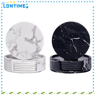 Lontime ชุดแผ่นรองแก้ว หนัง PU ลายหินอ่อน ทรงกลม ทนทาน พร้อมที่วางแก้วไวน์