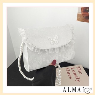 Alma กระเป๋าสะพายไหล่ สะพายข้าง หนัง PU ทรงสี่เหลี่ยม แต่งสายโซ่ ประดับไข่มุก แต่งลูกไม้ ขนาดเล็ก สไตล์วินเทจ สําหรับสตรี