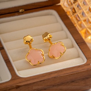 0906LSSP Amazon Cross-Border Retro Style Pink Jelly Flower Mid-Ancient Stud Earrings Brass Plated 18K Real Gold 925 Silver Pin Earrings 22U0