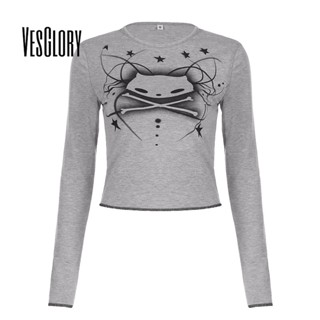 Vesglory เสื้อครอปท็อป แขนยาว คอกลม พิมพ์ลาย สีพื้น ทรงสลิมฟิต แฟชั่นสําหรับผู้หญิง 2023