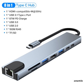 พร้อม 8in1 ฮับ USB C TypeC ถึง 4K HDMI ที่รองรับ USB 30 RJ45 USB 20 เครื่องอ่านการ์ด SDTF PD ชาร์จอย่างรวดเร็วสถานีเชื่อมต่อสำหรับ MacBook