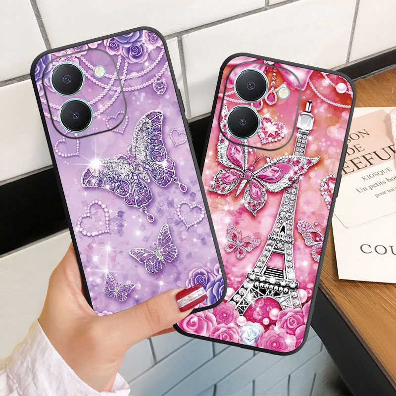 เคสโทรศัพท์มือถือ ซิลิโคนนิ่ม ลายผีเสื้อ ประดับเพชร สําหรับ Vivo Y02t Y27 Y36 4G Y78 5G