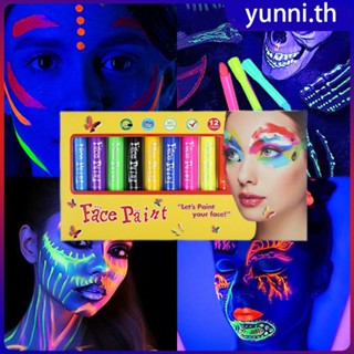 12 สีฮาโลวีนเรืองแสง Pop In Dark Face สีดำสี Uv Neon Face Body Paint Crayon Kit เรืองแสงแต่งหน้า marker คริสต์มาส Yunni