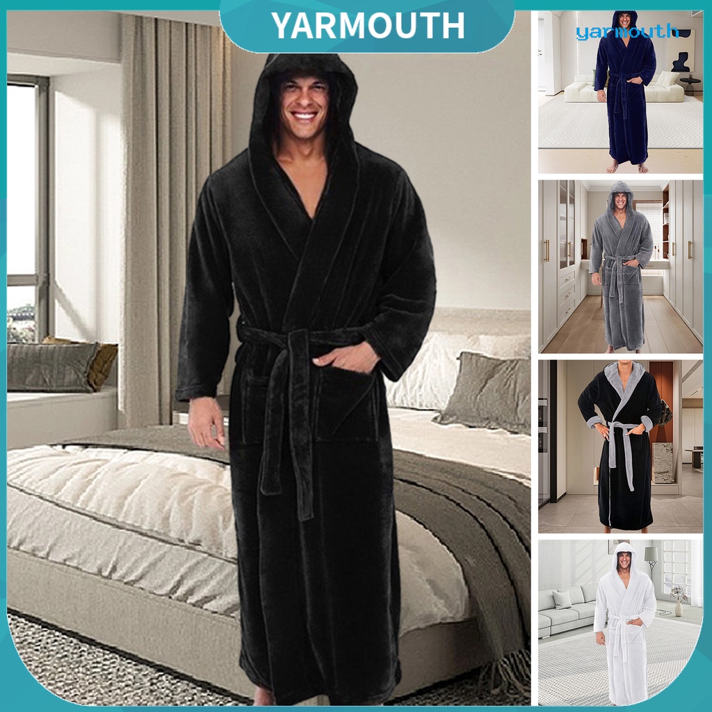 Yyr-- เสื้อคลุมอาบน้ํา มีฮู้ด พร้อมเข็มขัด ปรับได้ ขนปุยนุ่มพิเศษ สีพื้น ดูดซับน้ําได้ดี ออกแบบกระเป๋า สําหรับผู้ชาย