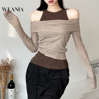 Weania เสื้อกล้าม แขนกุด สีพื้น และเสื้อยืด เปิดไหล่ แขนยาว สําหรับผู้หญิง 2 ชิ้น