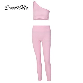 Sweeticme ใหม่ ชุดเสื้อเปิดไหล่ข้างเดียว และกางเกงลําลอง เซ็กซี่ เข้ารูป สีพื้น แฟชั่นสําหรับสตรี 2023