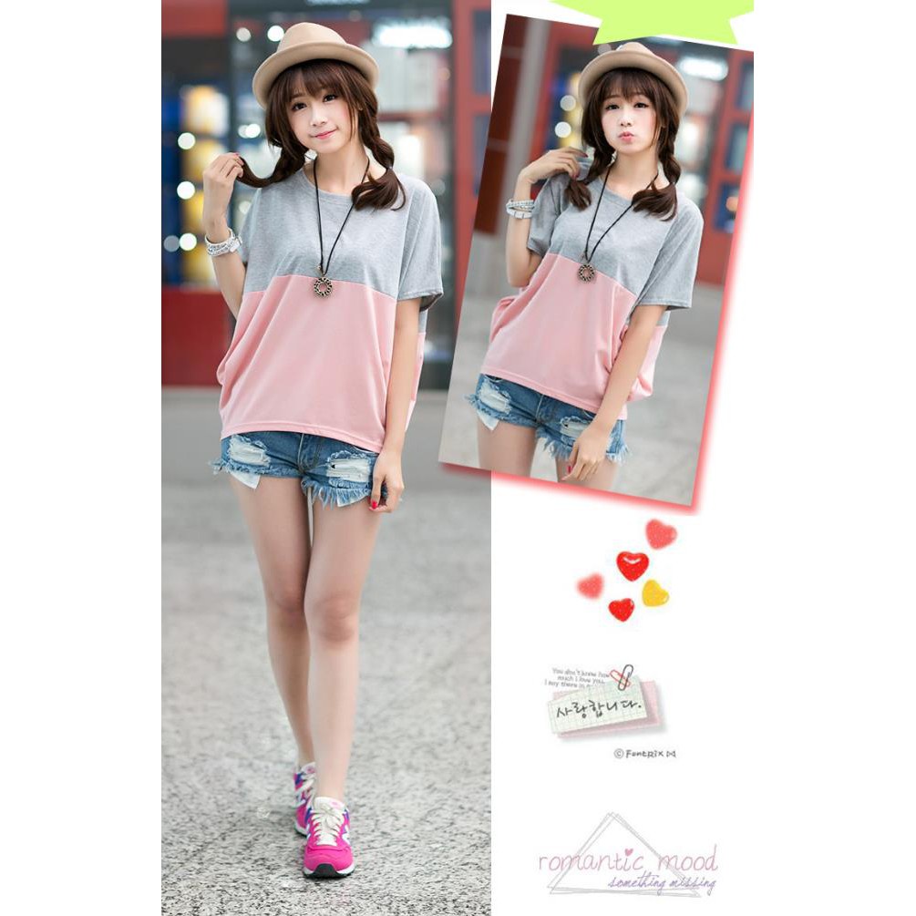 Cynthai ✨  ✨ เสื้อยืดสองสีชุดหลวมและหวานน่ารัก #9526