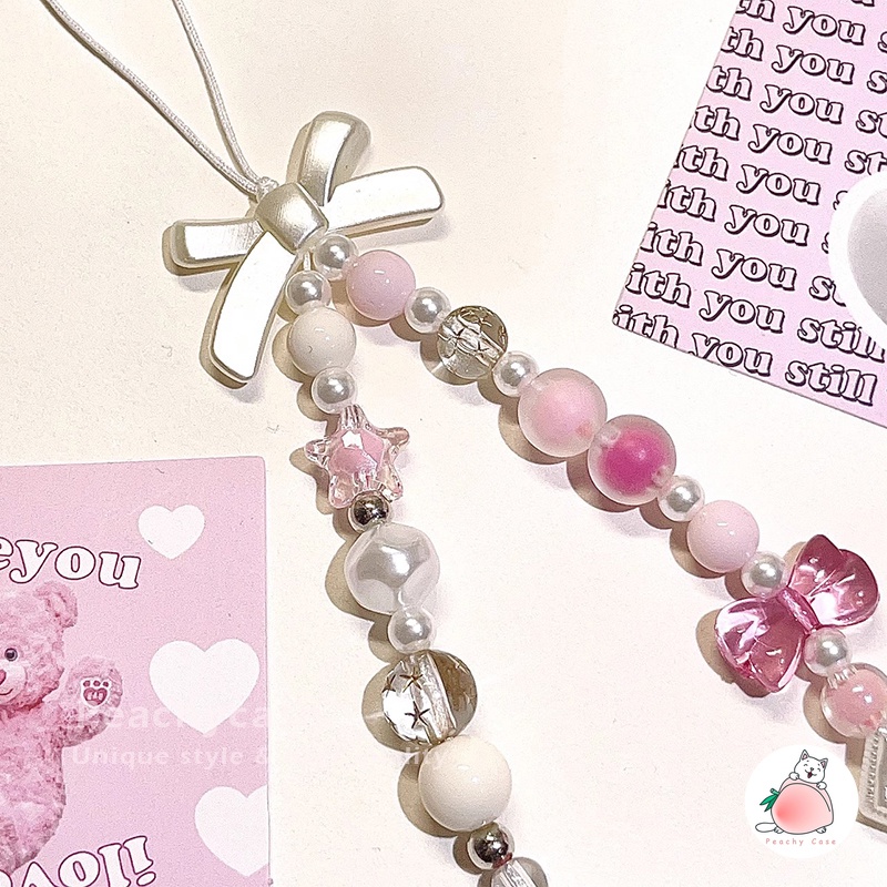 สายโซ่คล้องโทรศัพท์มือถือ สร้อยข้อมือ จี้โบว์ ดาว ดินโพลิเมอร์ แฮนด์เมด สีชมพู - รูปที่ 5