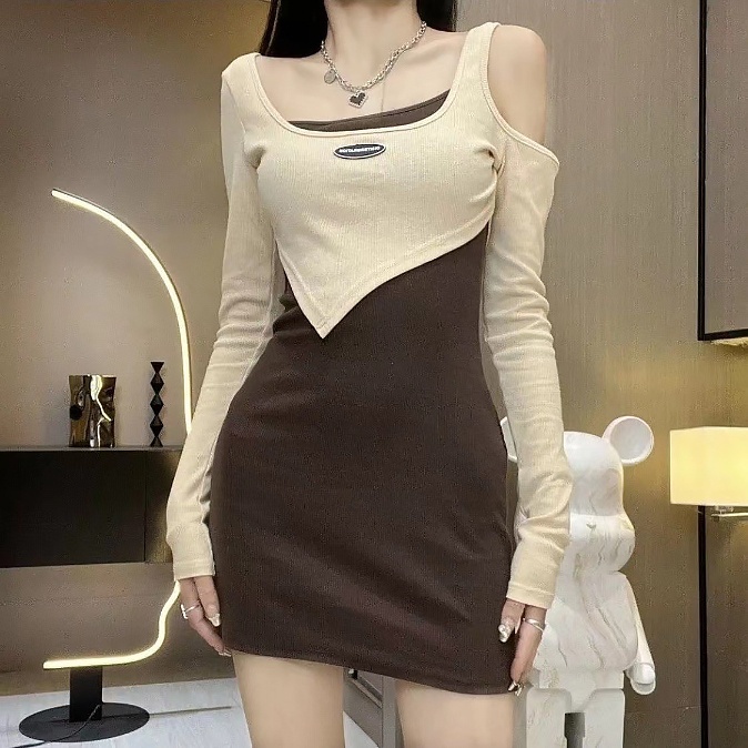 ชุดเดรสแฟชั่น เดรสสั้น เดรสแขนยาว ผ้ายืดหยุ่น ใส่สลบาย ไม่รัด