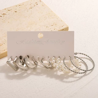 Vintage Pearl Square Hoop ต่างหู 6 คู่ชุดสําหรับผู้หญิงแฟชั่นเครื่องประดับของขวัญ