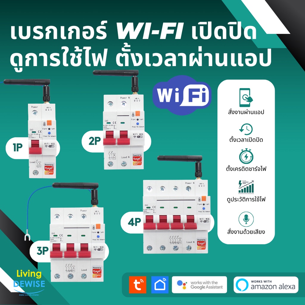 Tuya เซอร์กิตเบรกเกอร์ Wi-Fi (ZXB3) เปิดปิด วัดการใช้พลังงาน ตั้งเวลาผ่านแอป รองรับ Google Home, Alexa-Circuit Breaker
