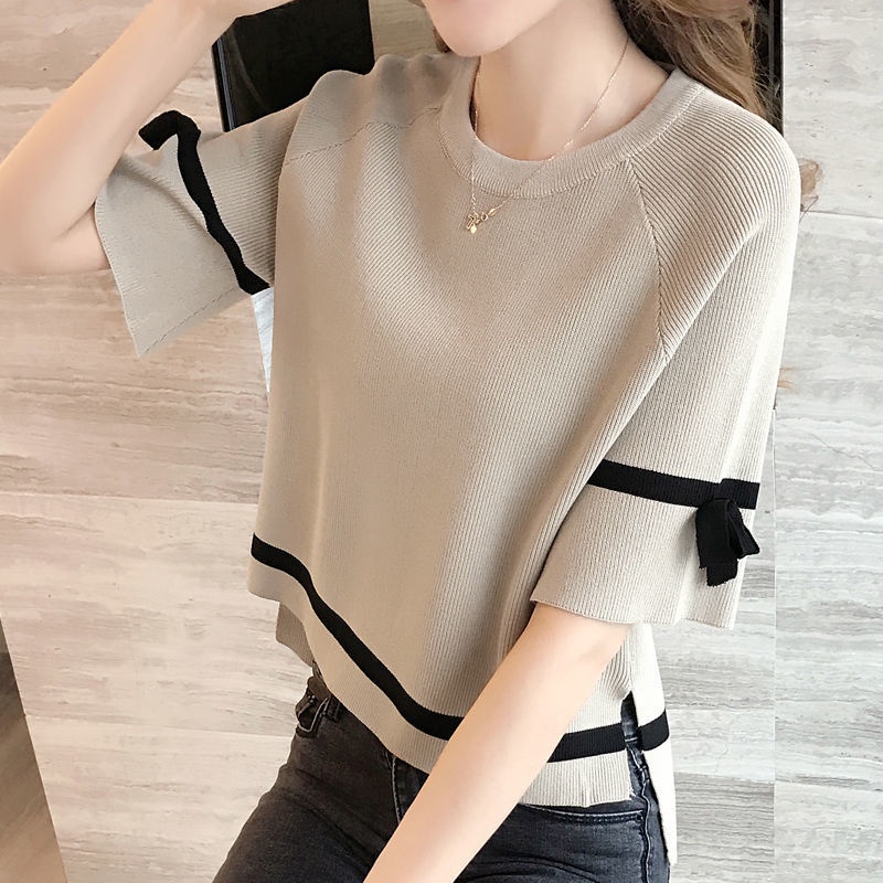 เสื้อยืดแขนสั้น ผ้าถัก เข้ากับทุกการแต่งกาย แฟชั่นฤดูร้อน สไตล์เกาหลี สําหรับผู้หญิง