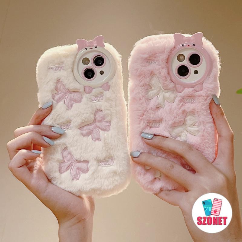 เคสโทรศัพท์มือถือ ซิลิโคนนิ่ม กันกระแทก ป้องกันเลนส์กล้อง ลายการ์ตูนโบว์น่ารัก สีชมพู สําหรับ iPhone 15 14 13 12 11 Pro Max 15 Plus