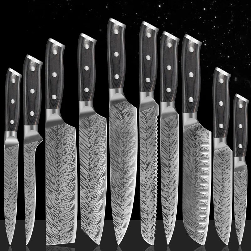 TJ POP 1-10 Pcs Kitchen Knives Set 7Cr17Mov Stainless Steel Laser Damascus Pattern Sharp Japanese Sa