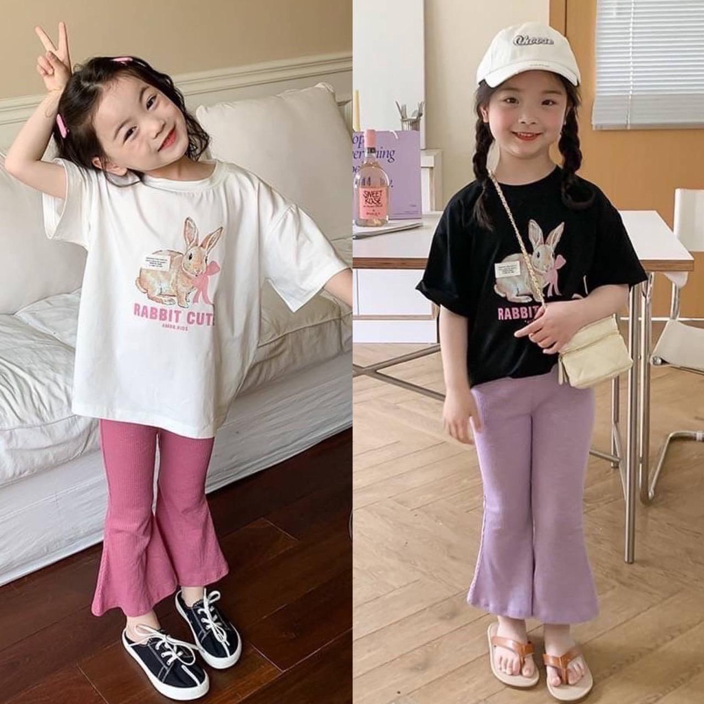 G089 (ขนาด 90-130) ชุดเซ็ทลูกสาว เสื้อคอกลมลายน้องกระต่าย กางเกงขาม้า ผ้านิ่ม