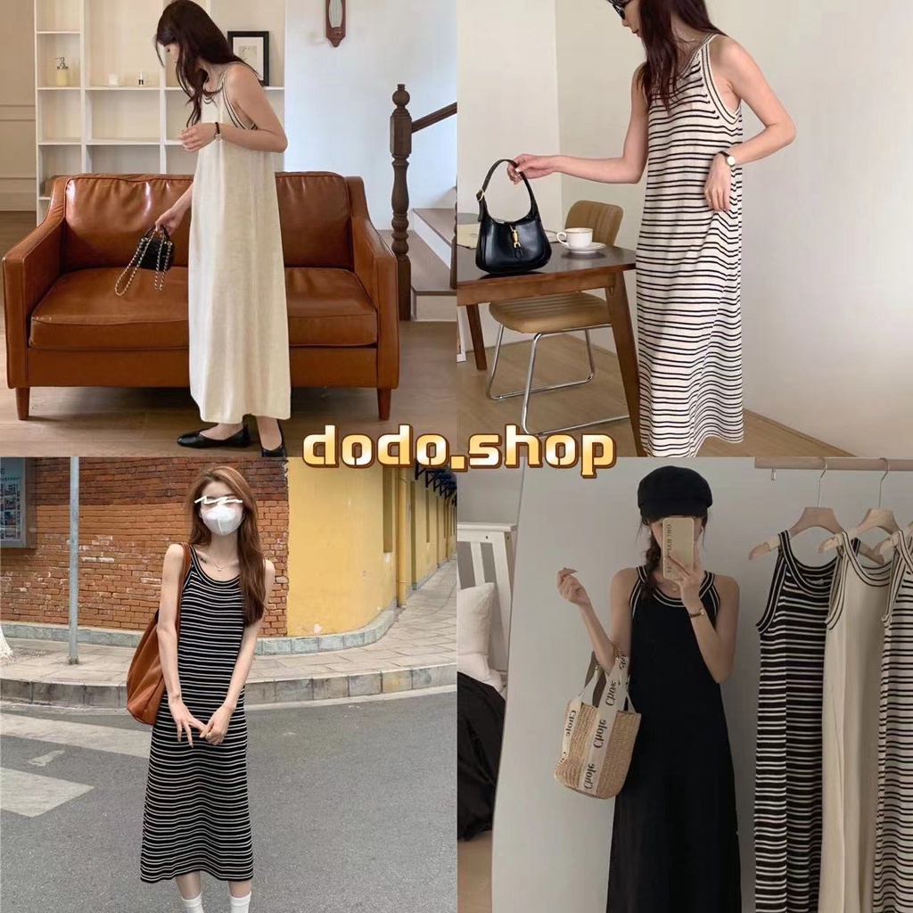 DODOสินค้าใหม่พร้อมส่ง*ชุดเดรส รัดรูปเซ็กซี่ ผ้าไหมพรม คอกลมเปิดแขนดีเทลลายทางลายเรียบ (10076-1)