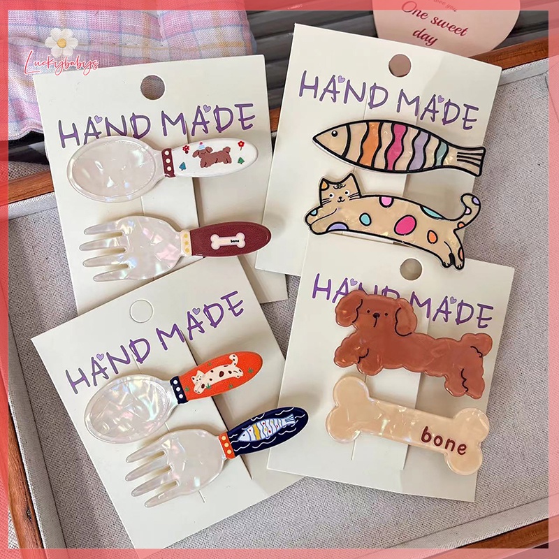 Luckybabys> กิ๊บติดผม ลายการ์ตูนสุนัข แมว น่ารัก สร้างสรรค์ ช้อนส้อม กิ๊บด้านข้าง หวานแหวว เครื่องประดับผม สําหรับผู้หญิง ใหม่