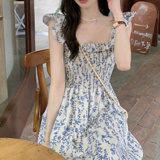 ชุดเดรสกระโปรงยาว แขนกุด ลายดอกไม้ เซ็กซี่ สไตล์เกาหลี
