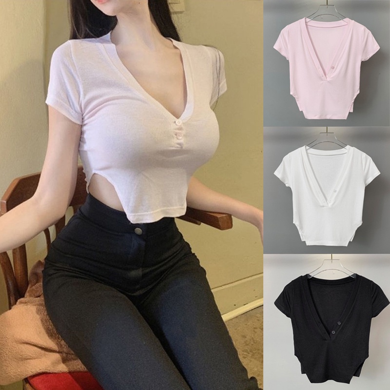 เสื้อครอปท็อป คอวีลึก เอวสูง เซ็กซี่ สําหรับผู้หญิง